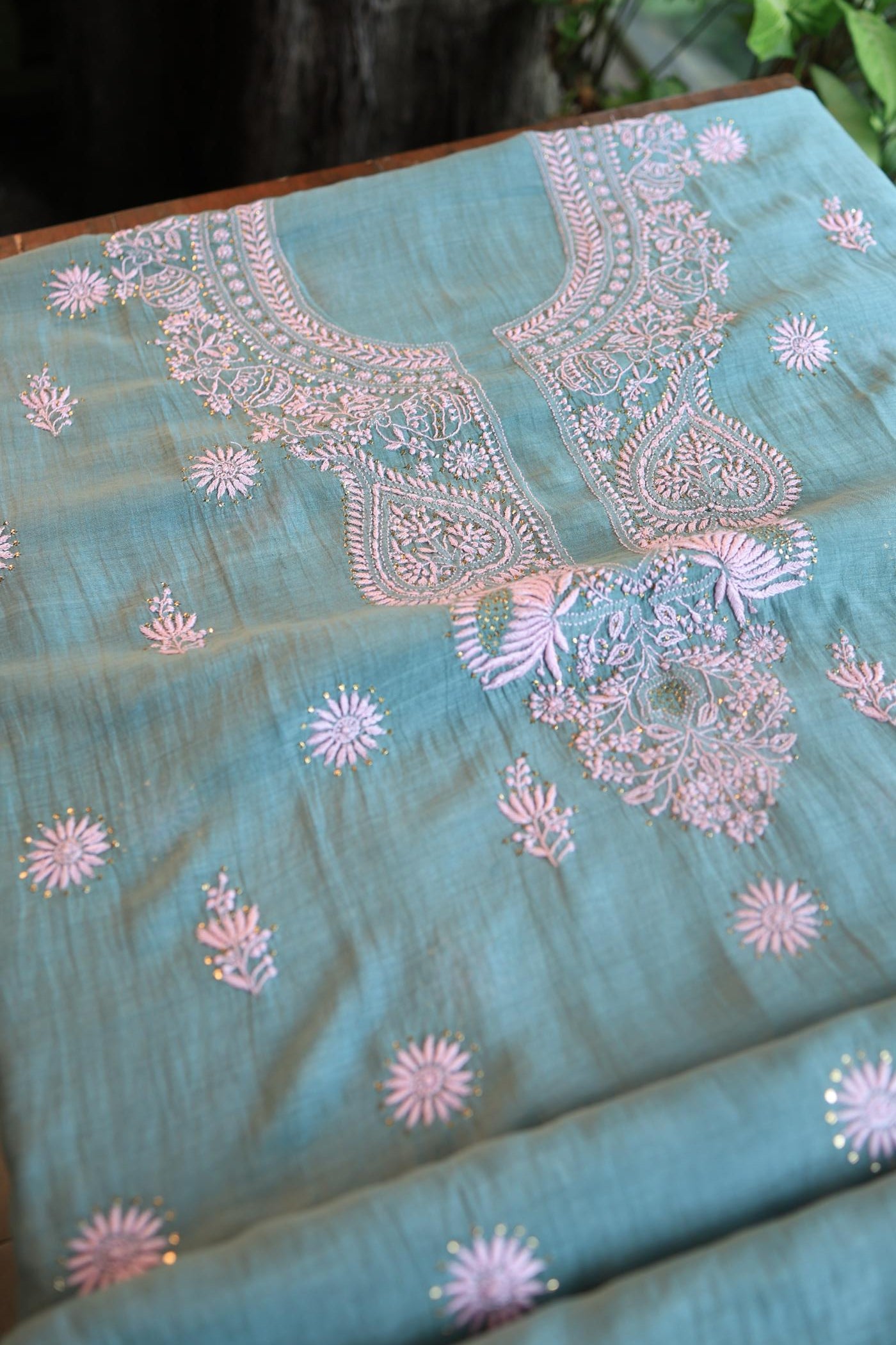 Green & Pink Mal Cotton Chikankari Unstitched Kurta Dupatta Fabrics With Kamdani