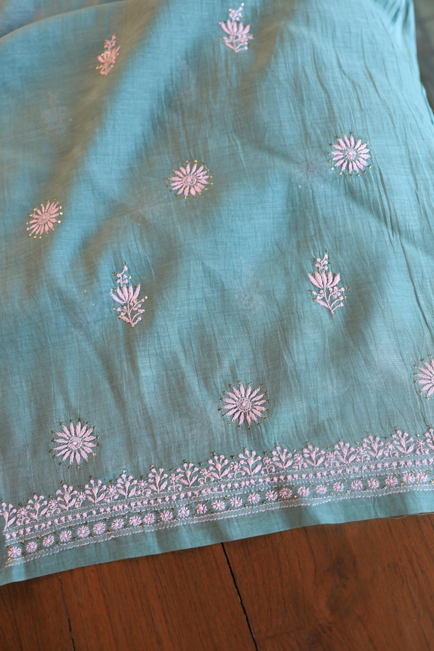 Green & Pink Mal Cotton Chikankari Unstitched Kurta Dupatta Fabrics With Kamdani