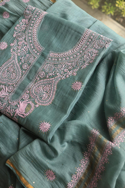 Green & Pink Mal Cotton Chikankari Unstitched Kurta Dupatta Fabrics With Kamdani