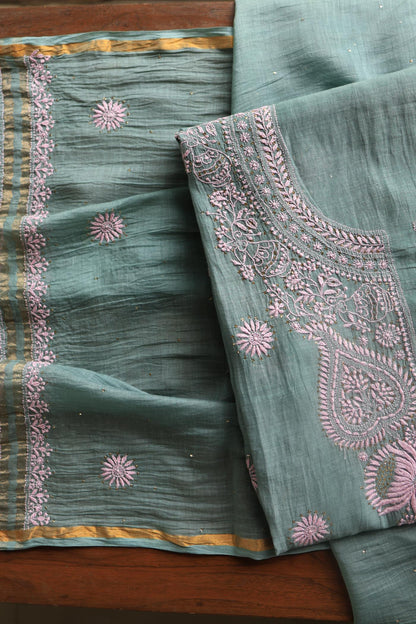 Green & Pink Mal Cotton Chikankari Unstitched Kurta Dupatta Fabrics With Kamdani