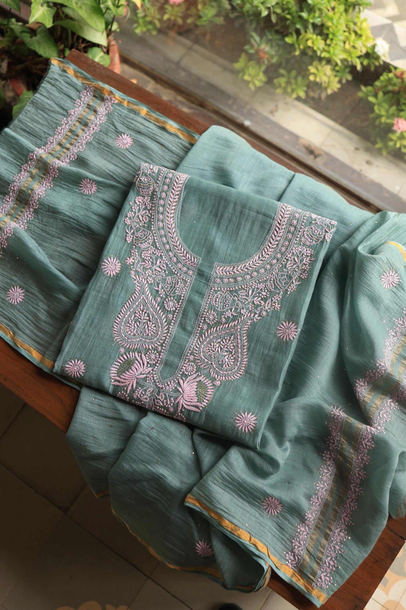 Green & Pink Mal Cotton Chikankari Unstitched Kurta Dupatta Fabrics With Kamdani