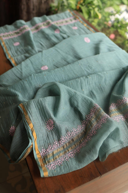 Green & Pink Mal Cotton Chikankari Unstitched Kurta Dupatta Fabrics With Kamdani