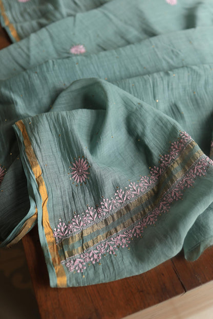 Green & Pink Mal Cotton Chikankari Unstitched Kurta Dupatta Fabrics With Kamdani