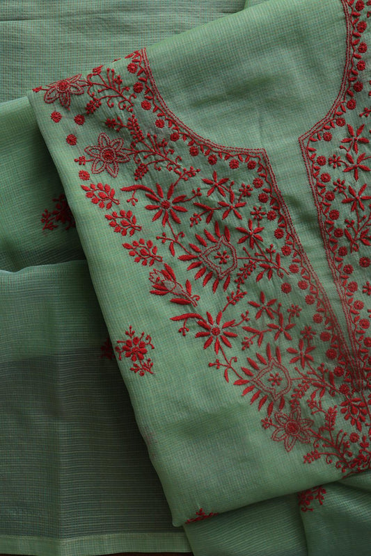 Green & Red Kota Chikankari Unstitched Fabric