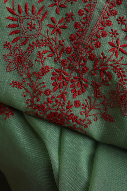 Green & Red Kota Chikankari Unstitched Fabric
