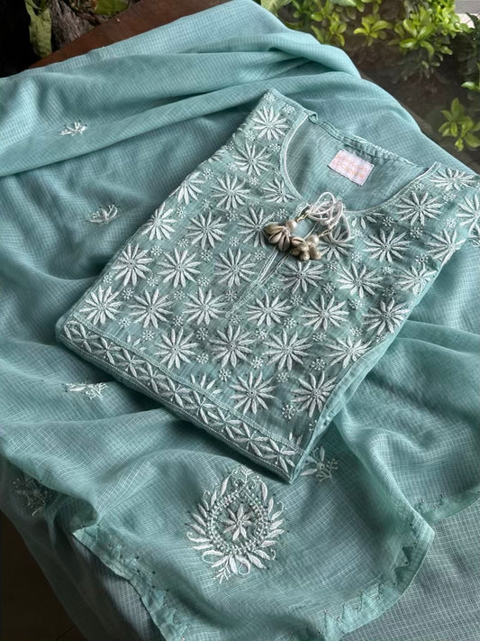Green Semi Stitched Kota Chikankari Kurta Dupatta Set With All Over Mukaish Kamdani Work