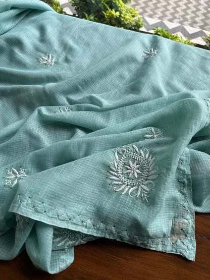 Green Semi Stitched Kota Chikankari Kurta Dupatta Set With All Over Mukaish Kamdani Work