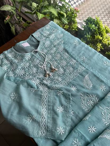Green Semi Stitched Kota Chikankari Kurta Dupatta Set With All Over Mukaish Kamdani Work
