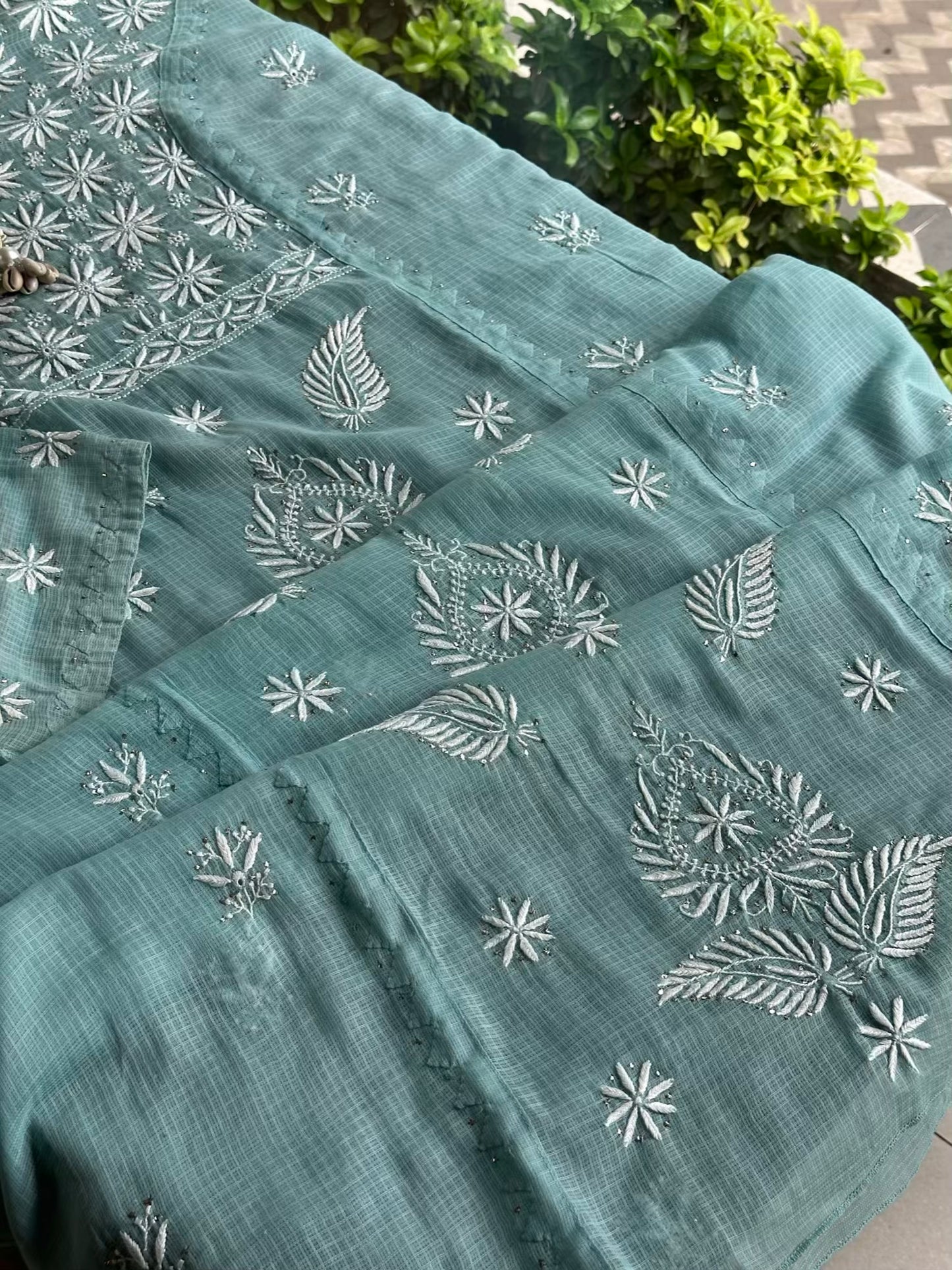 Green Semi Stitched Kota Chikankari Kurta Dupatta Set With All Over Mukaish Kamdani Work