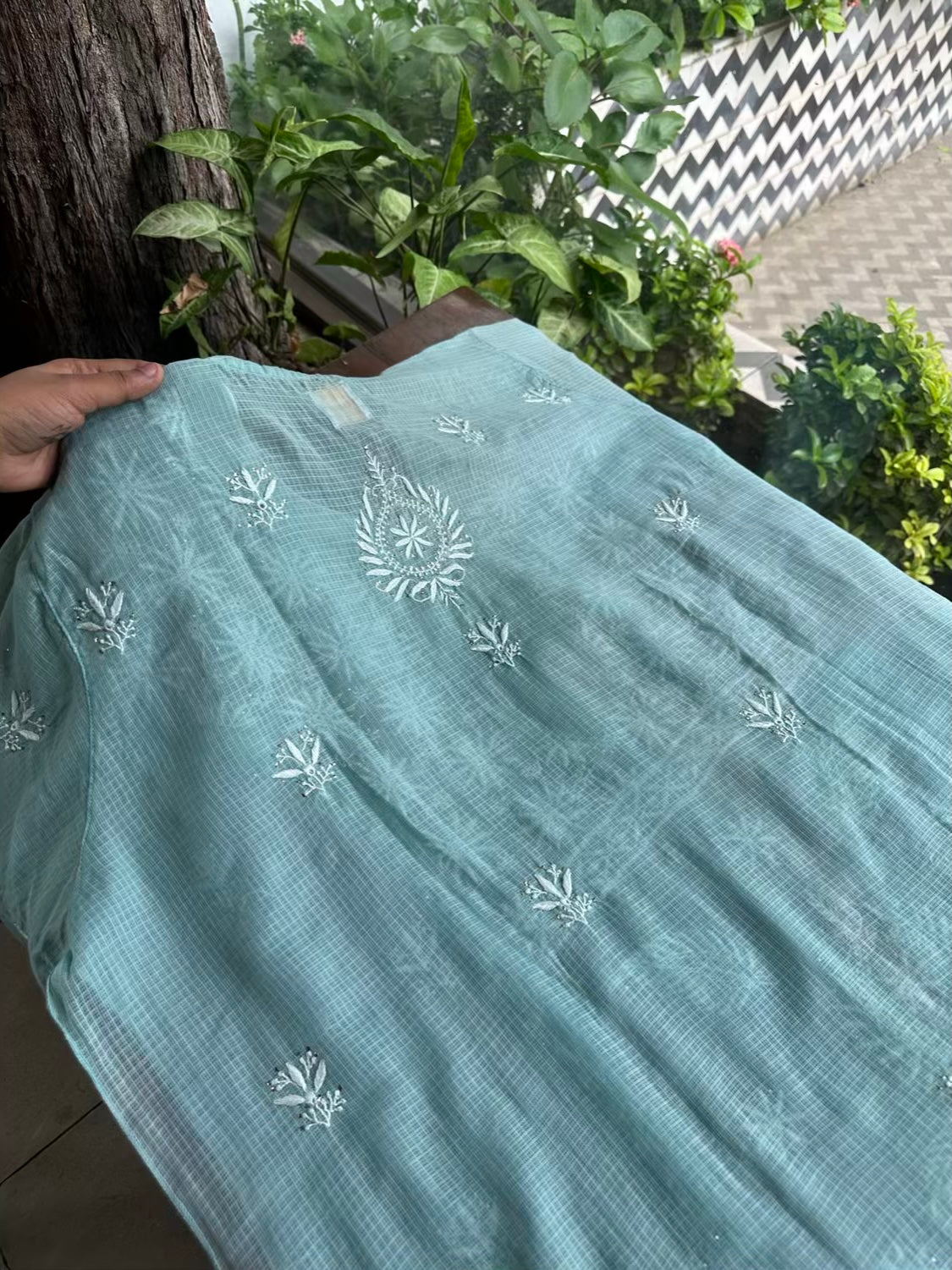 Green Semi Stitched Kota Chikankari Kurta Dupatta Set With All Over Mukaish Kamdani Work