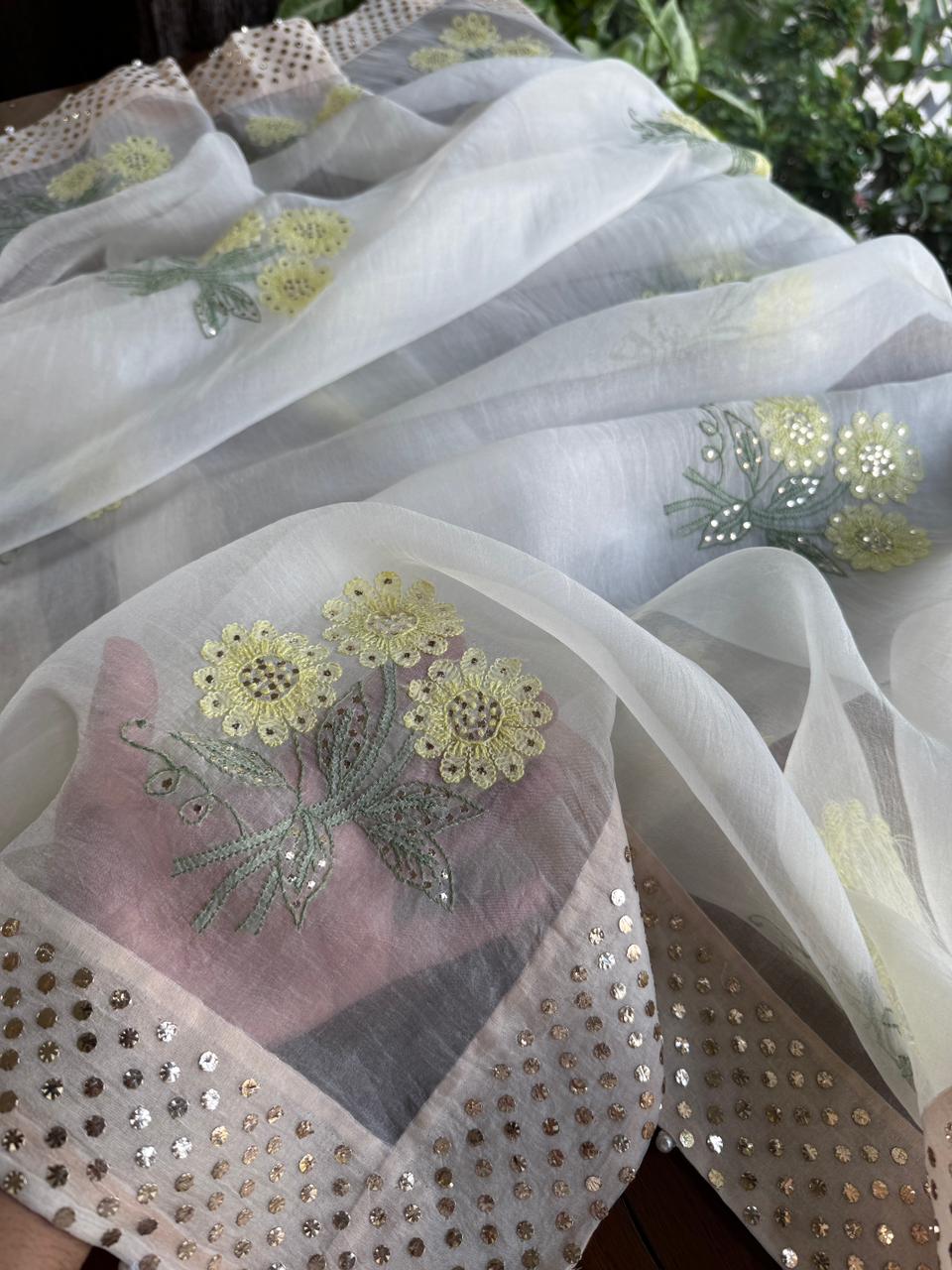 Green & Yellow Noor Organza Floral Motif Chikankari Dupatta
