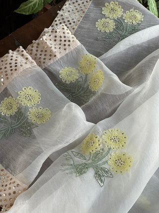 Green & Yellow Noor Organza Floral Motif Chikankari Dupatta