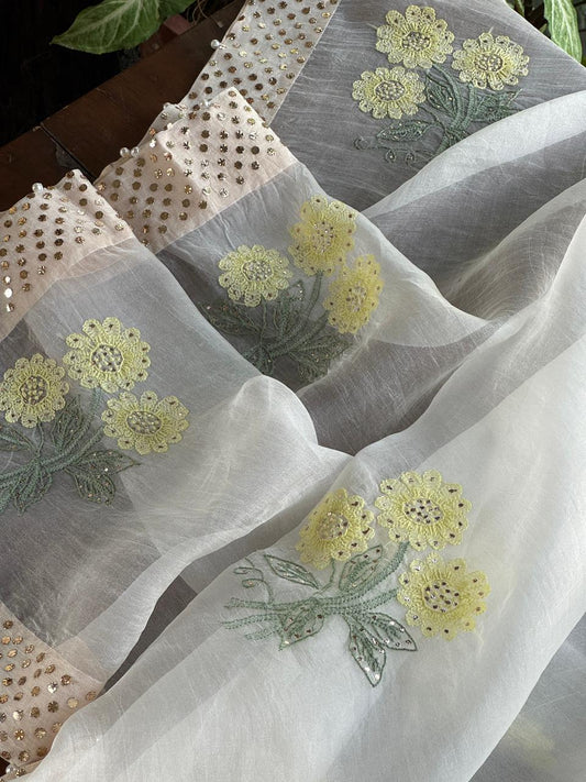 Green & Yellow Noor Organza Floral Motif Chikankari Dupatta