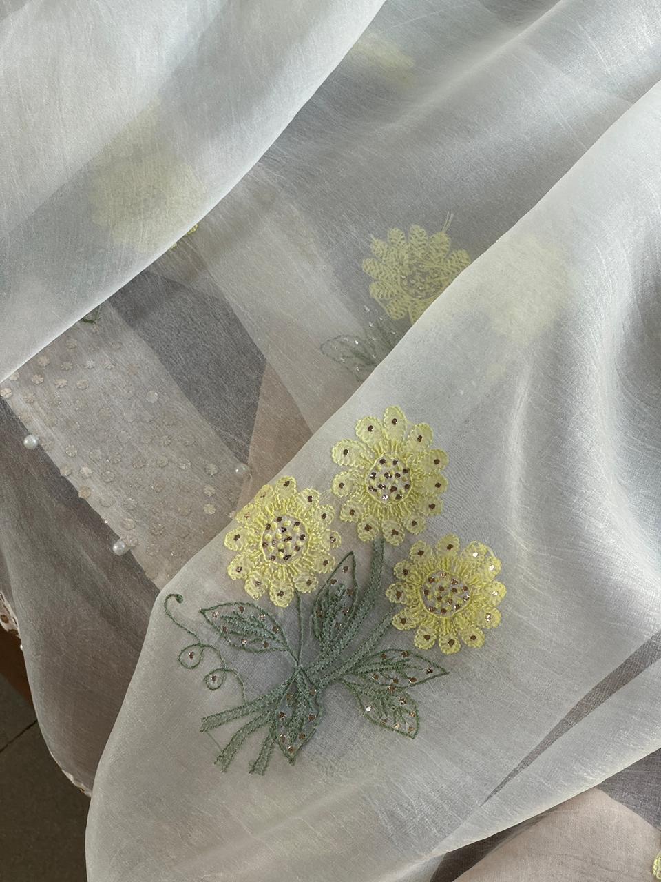 Green & Yellow Noor Organza Floral Motif Chikankari Dupatta
