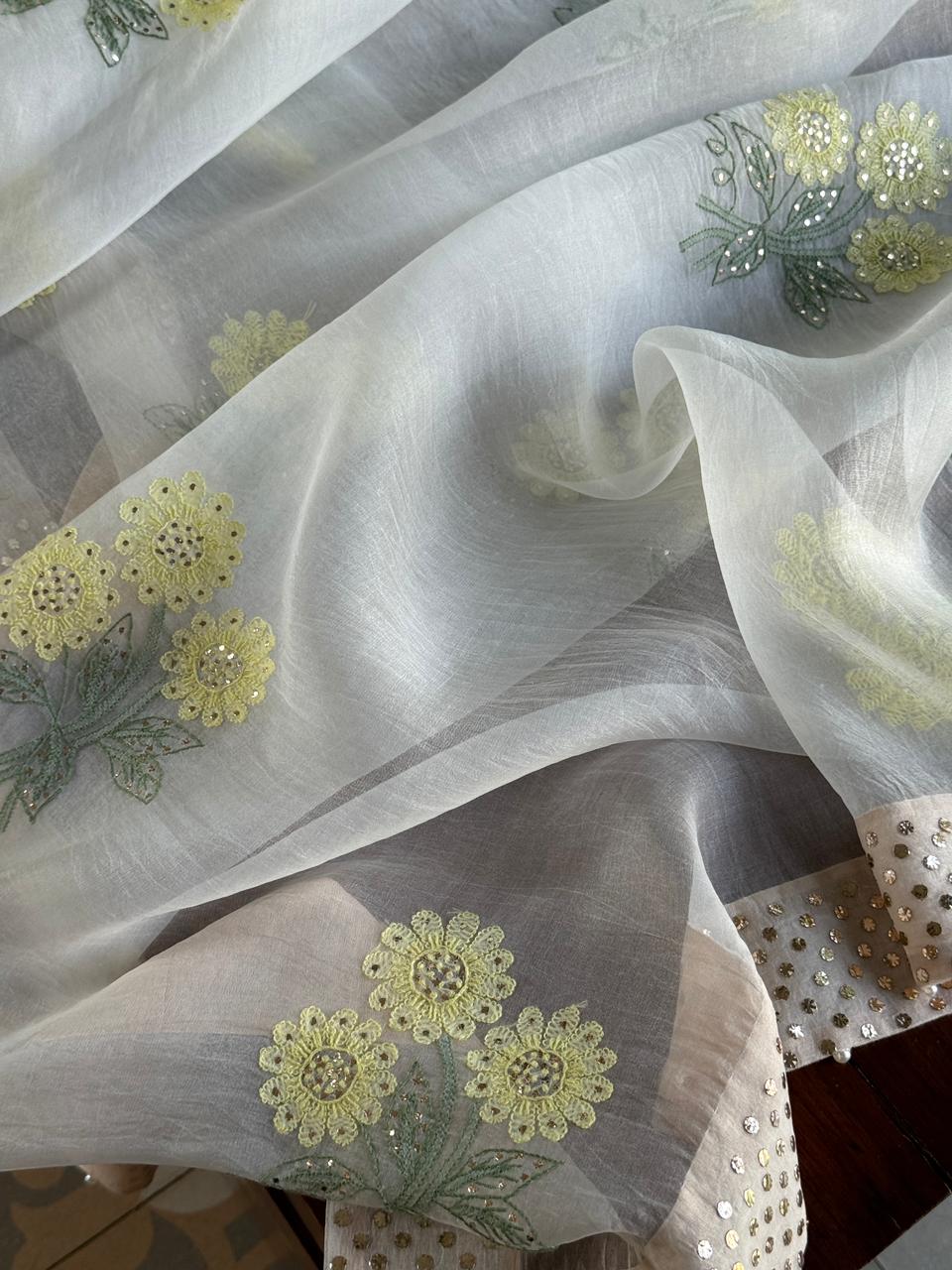 Green & Yellow Noor Organza Floral Motif Chikankari Dupatta