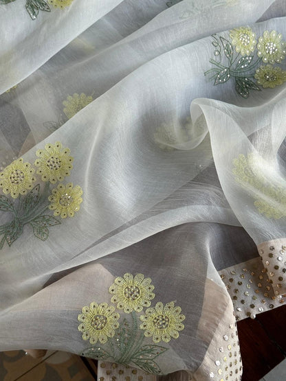 Green & Yellow Noor Organza Floral Motif Chikankari Dupatta