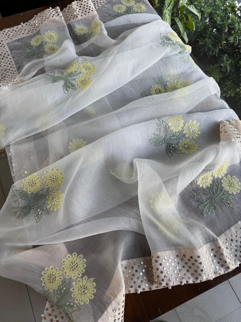 Green & Yellow Noor Organza Floral Motif Chikankari Dupatta