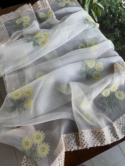 Green & Yellow Noor Organza Floral Motif Chikankari Dupatta