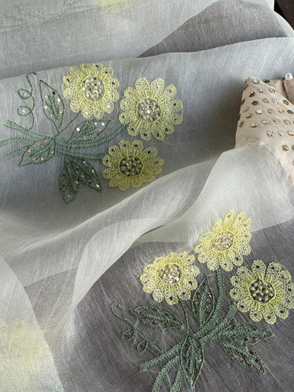 Green & Yellow Noor Organza Floral Motif Chikankari Dupatta