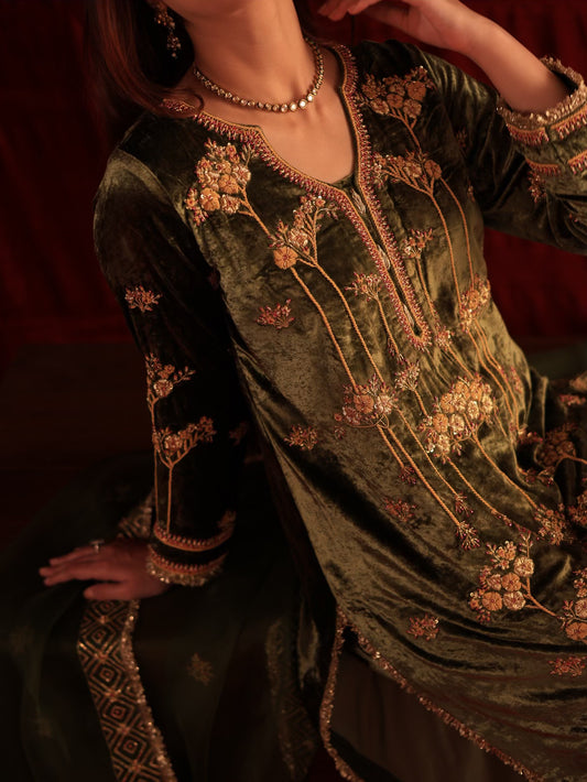 Greenish Brown | Saman Velvet Ready To Wear Kurta Set