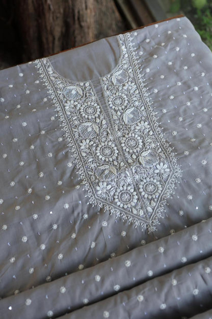 Grey Cotton Chikankari Unstitched Kurta Fabrics