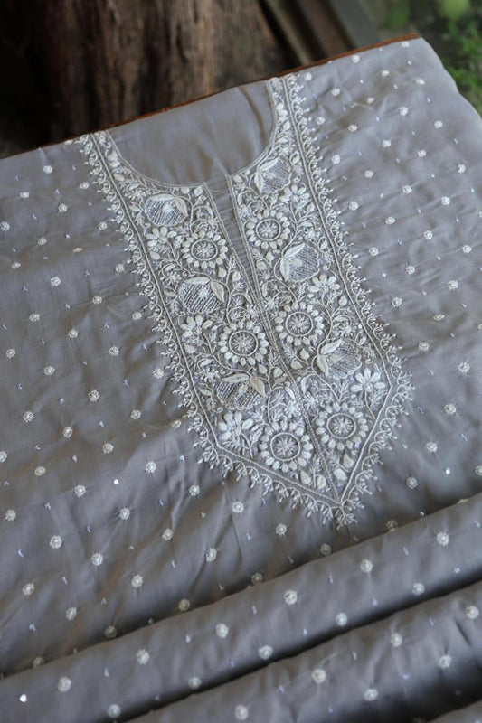 Grey Cotton Chikankari Unstitched Kurta Fabrics
