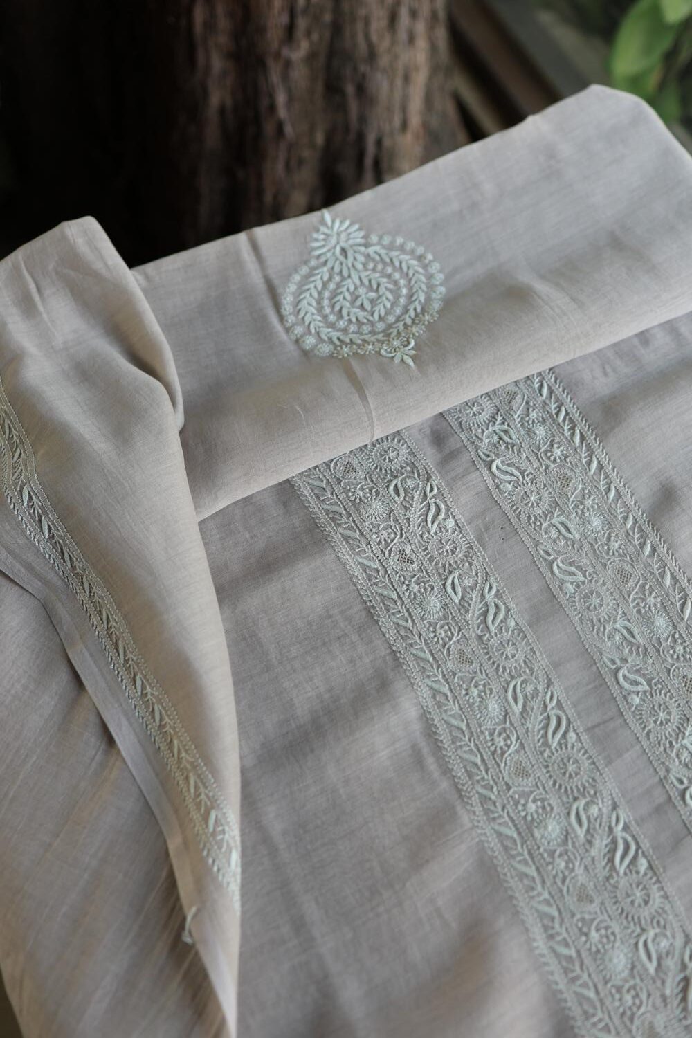 Grey Mulmul Chikankari Unstitched Men's Kurtas Fabrics
