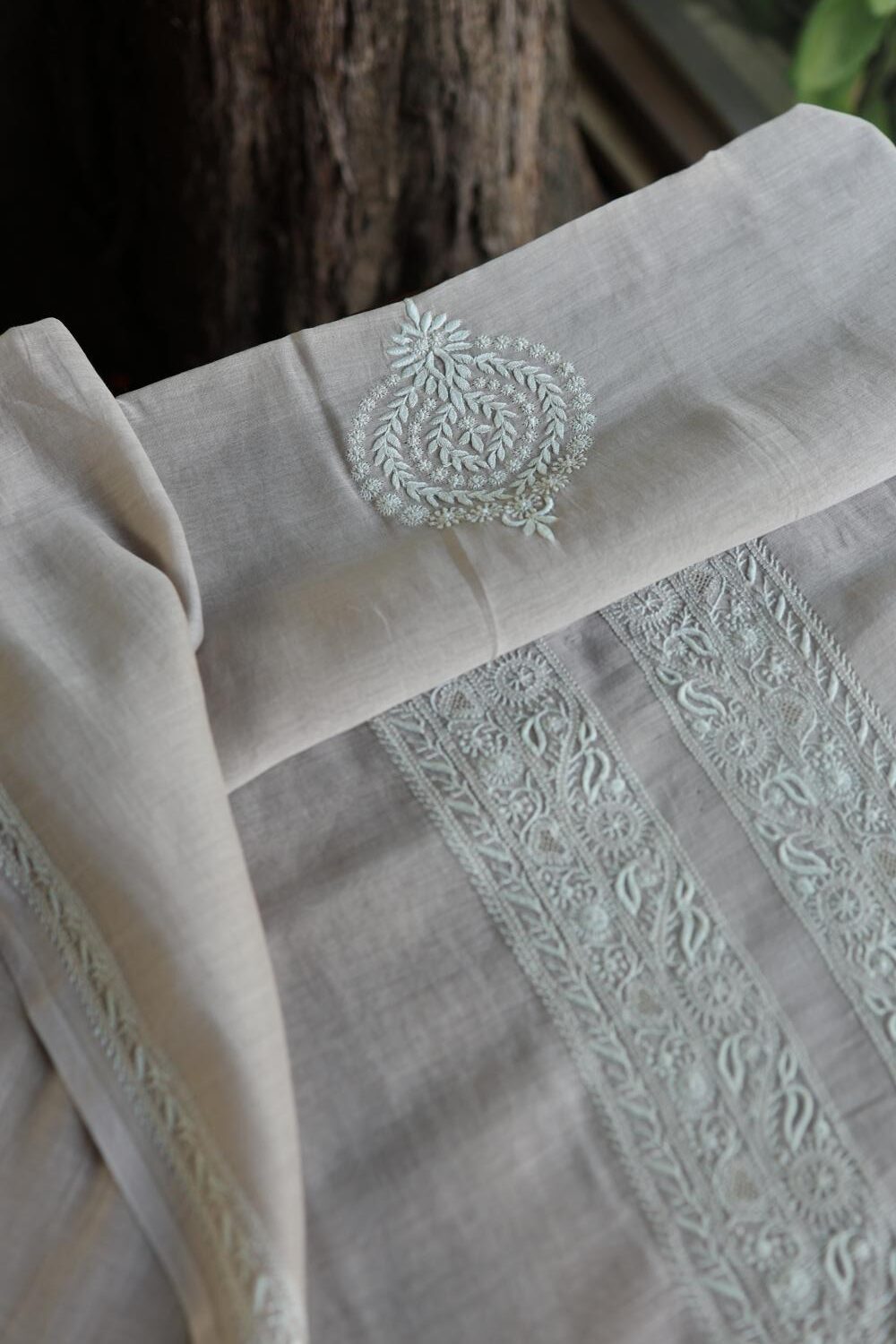 Grey Mulmul Chikankari Unstitched Men's Kurtas Fabrics