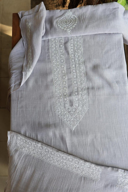 Grey Mulmul Chikankari Unstitched Men's Kurtas Fabrics
