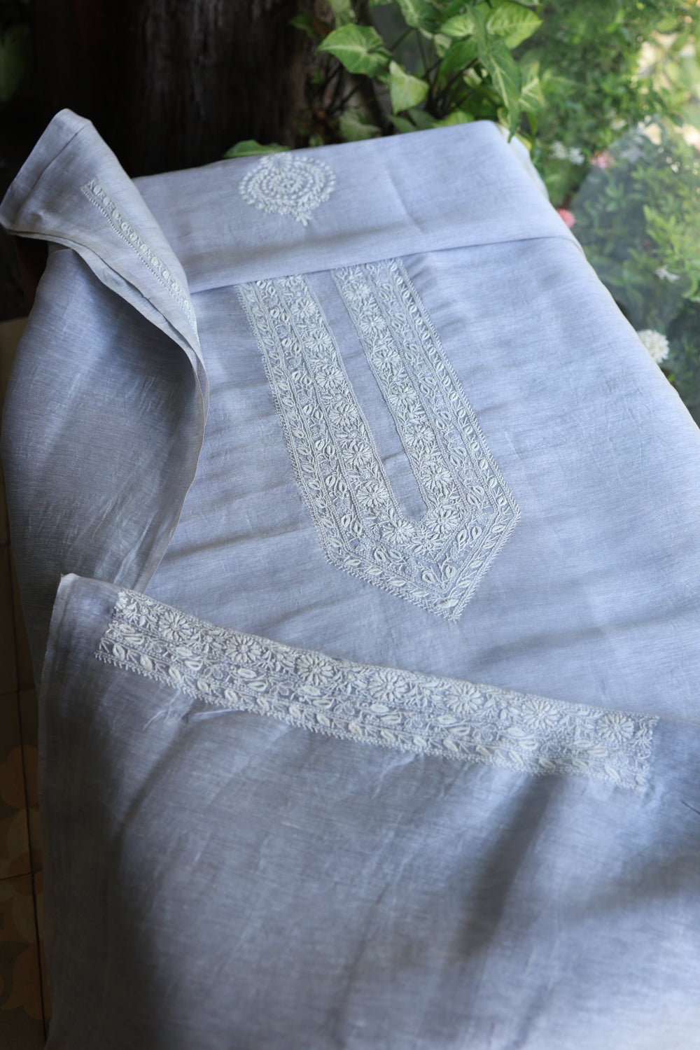 Grey Blue Linen Chikankari Unstitched Men's Kurtas Fabric