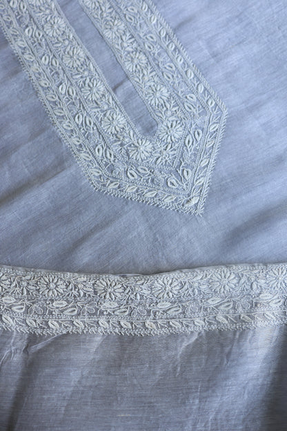 Grey Blue Linen Chikankari Unstitched Men's Kurtas Fabric
