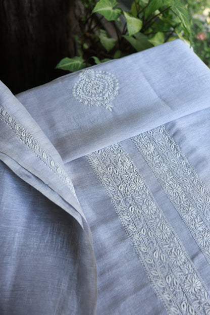 Grey Blue Linen Chikankari Unstitched Men's Kurtas Fabric