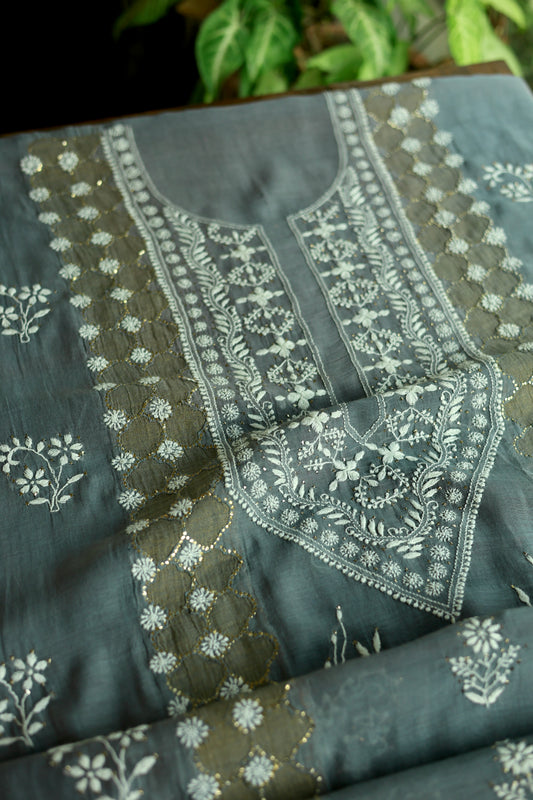 Grey Daraz Applique Chikankari Kurta Fabric