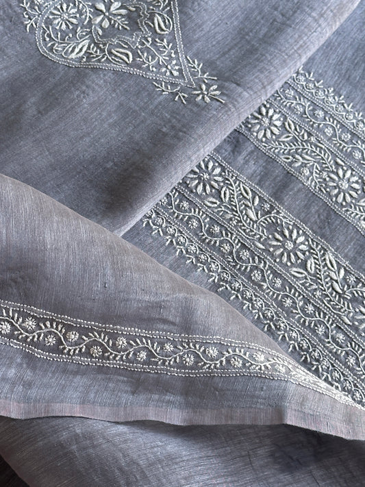 Grey Linen Chikankari Unstitched Men's Kurtas Fabric