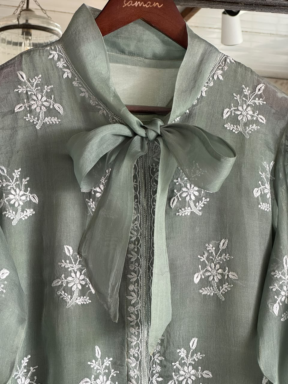 Grey Green Noor Organza Frill Lace With Resham Chikankari Short Top