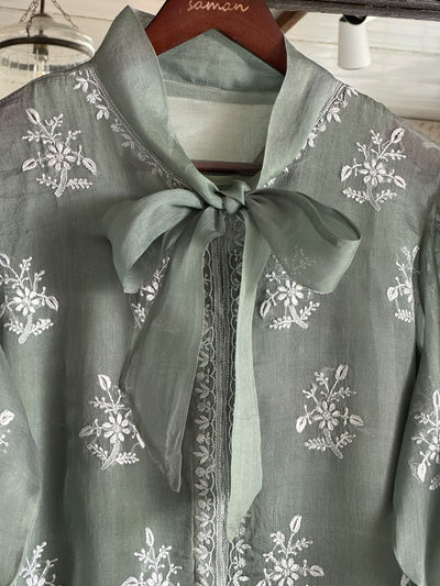 Grey Green Noor Organza Frill Lace With Resham Chikankari Short Top