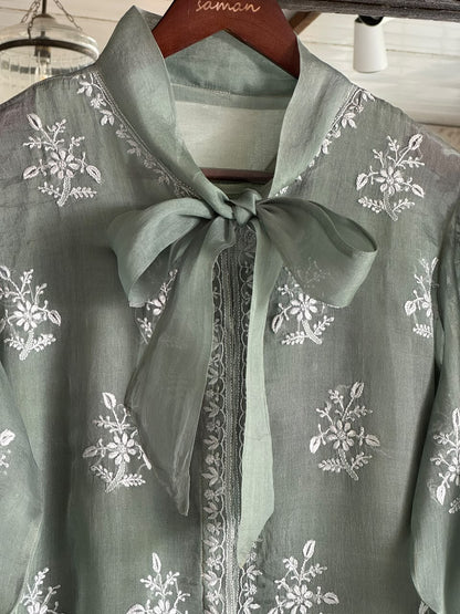 Grey Green Noor Organza Frill Lace With Resham Chikankari Short Top