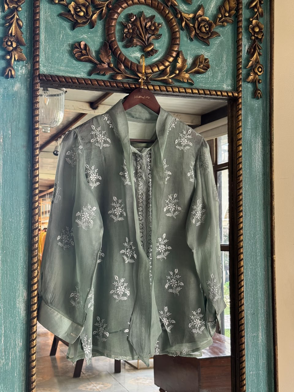 Grey Green Noor Organza Frill Lace With Resham Chikankari Short Top