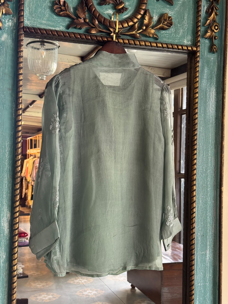 Grey Green Noor Organza Frill Lace With Resham Chikankari Short Top