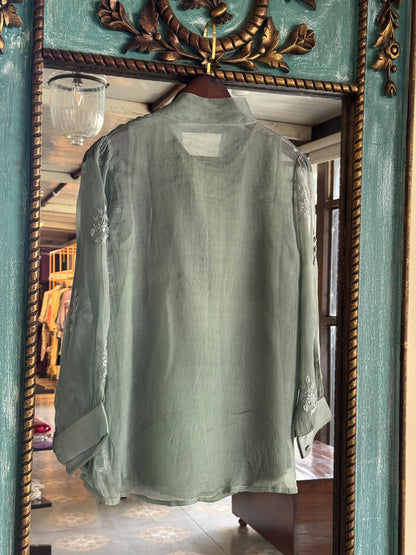 Grey Green Noor Organza Frill Lace With Resham Chikankari Short Top