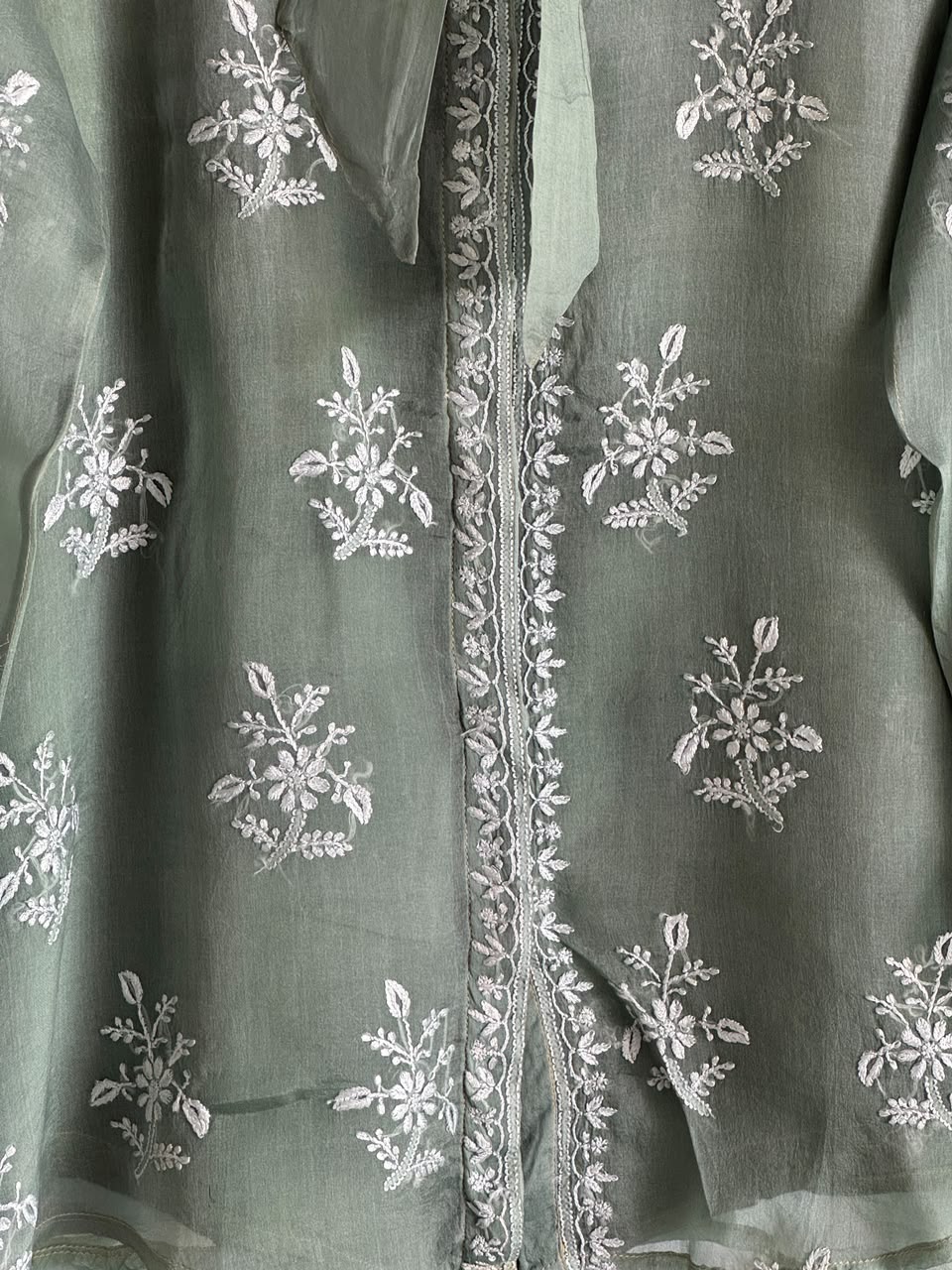Grey Green Noor Organza Frill Lace With Resham Chikankari Short Top