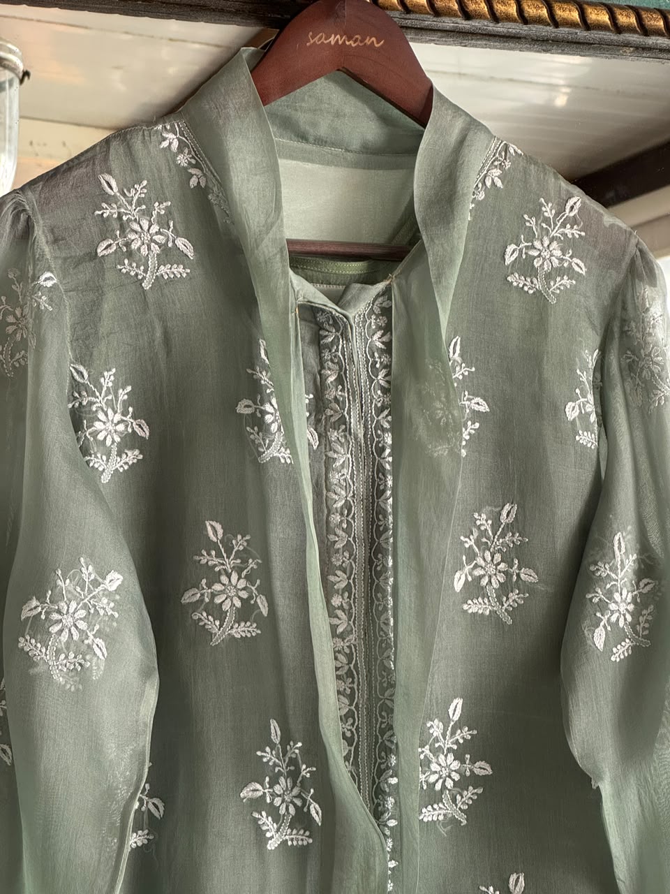 Grey Green Noor Organza Frill Lace With Resham Chikankari Short Top