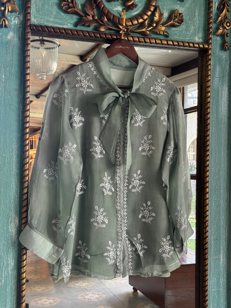 Grey Green Noor Organza Frill Lace With Resham Chikankari Short Top