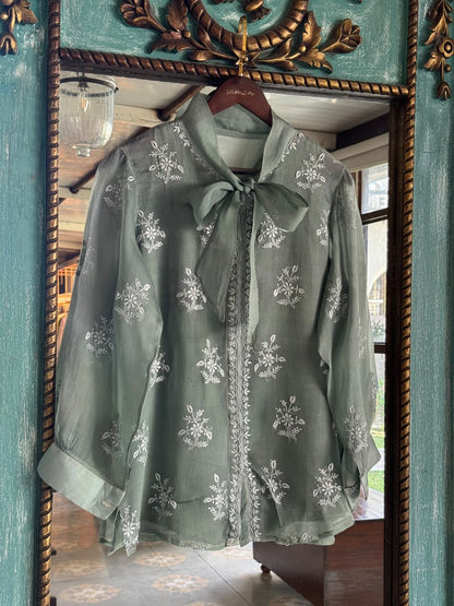 Grey Green Noor Organza Frill Lace With Resham Chikankari Short Top