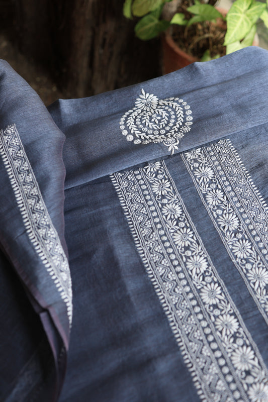 Grey Linen Chikankari Unstitched Men's Kurtas Fabric