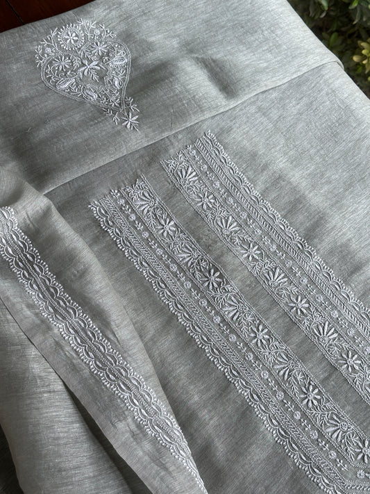 Grey Linen Chikankari Unstitched Men's Kurtas Fabric