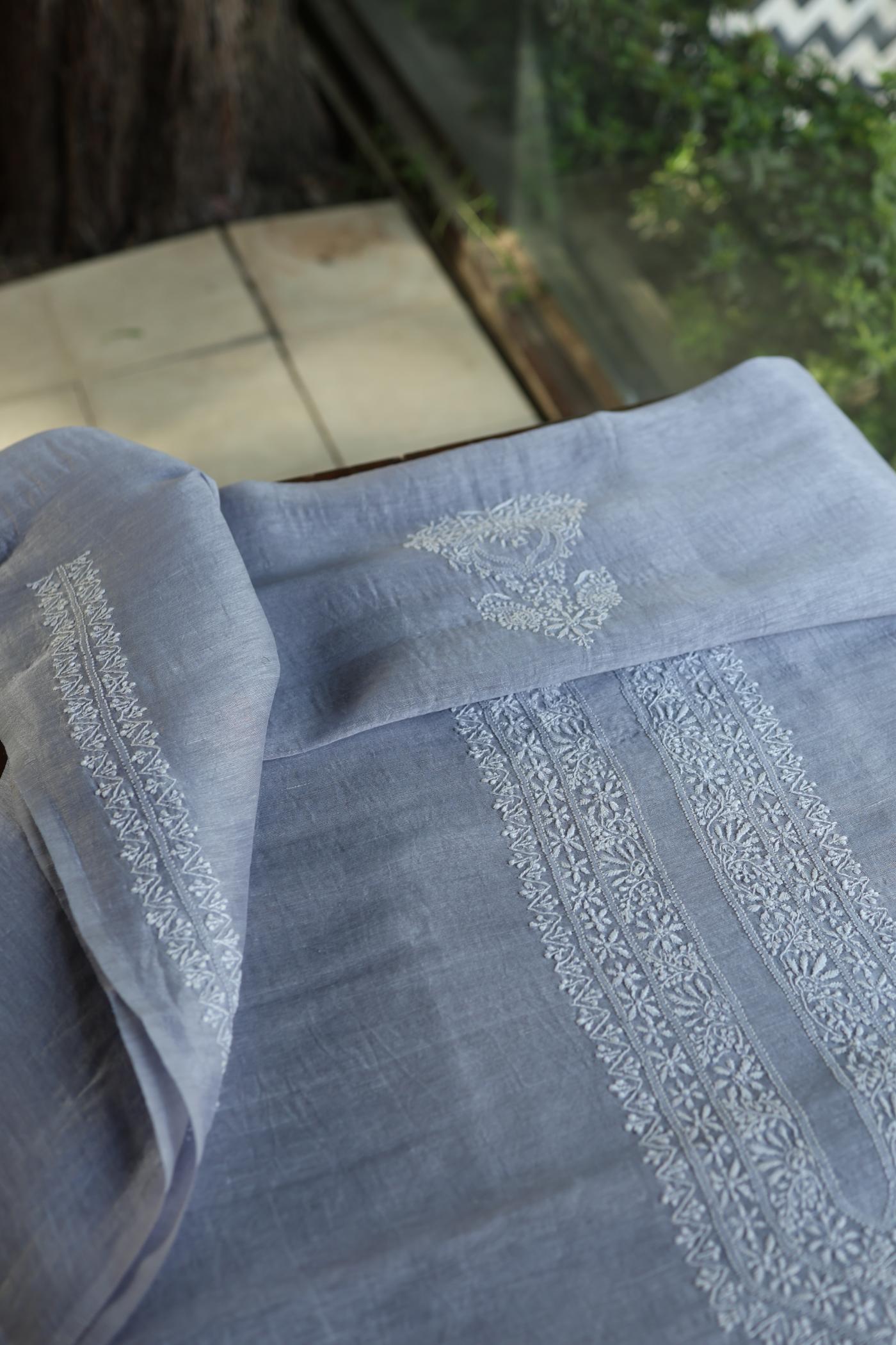 Soft Grey Linen Chikankari Unstitched Men's Kurtas Fabric