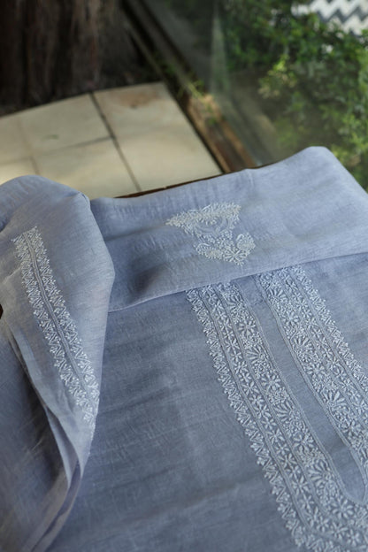 Soft Grey Linen Chikankari Unstitched Men's Kurtas Fabric