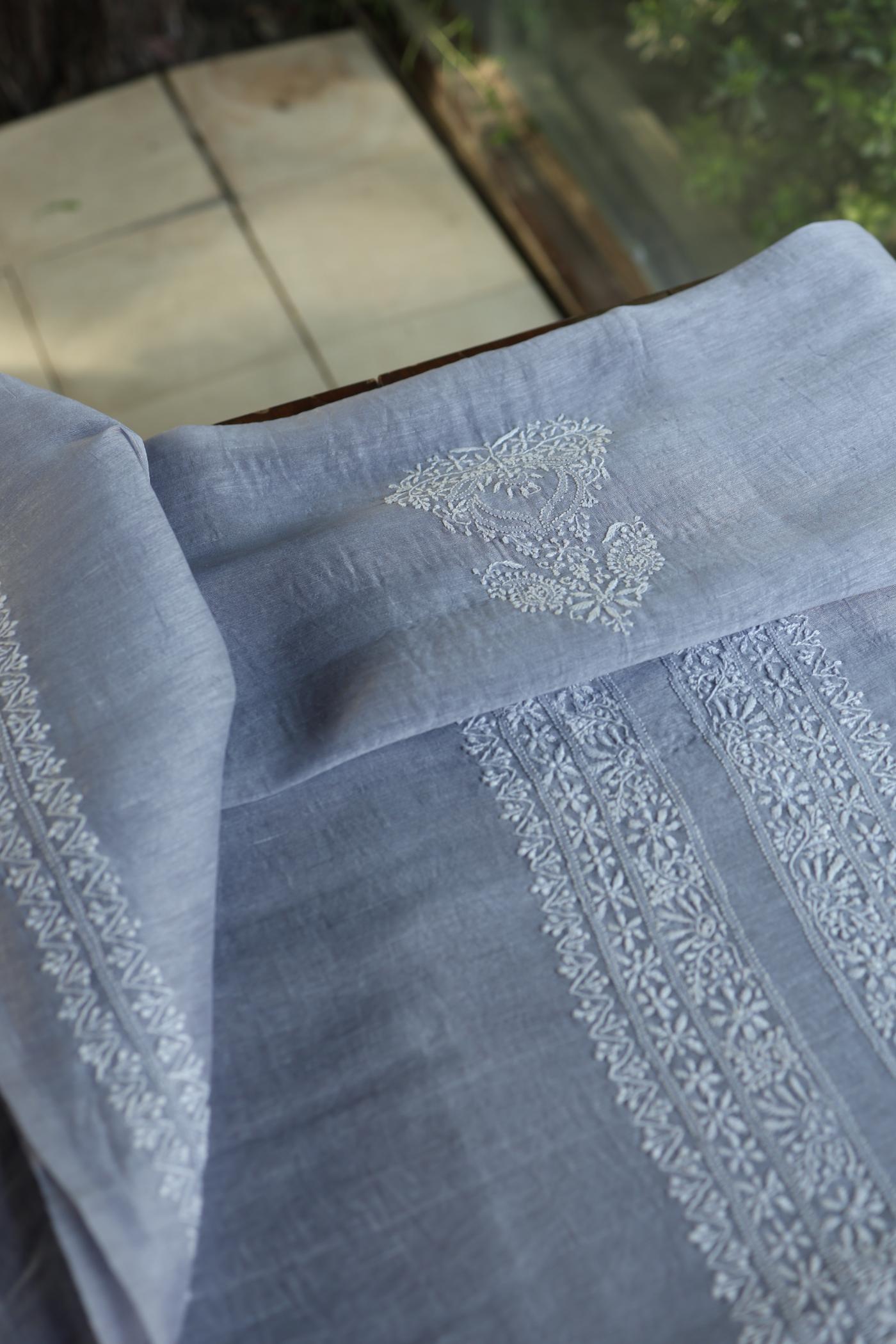 Soft Grey Linen Chikankari Unstitched Men's Kurtas Fabric