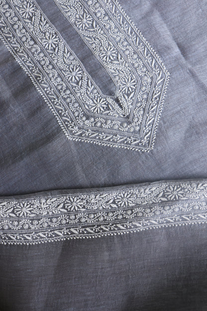 Grey Linen Chikankari Unstitched Men's Kurtas Fabric